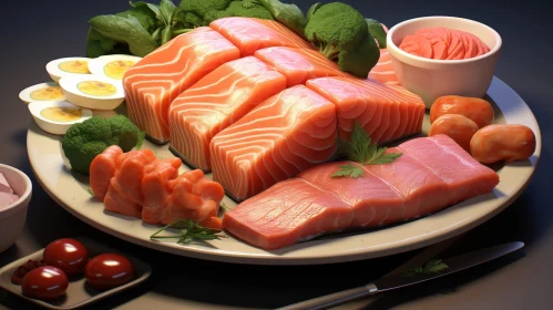 Delicious Salmon Fillets with Garnishes on Plate
