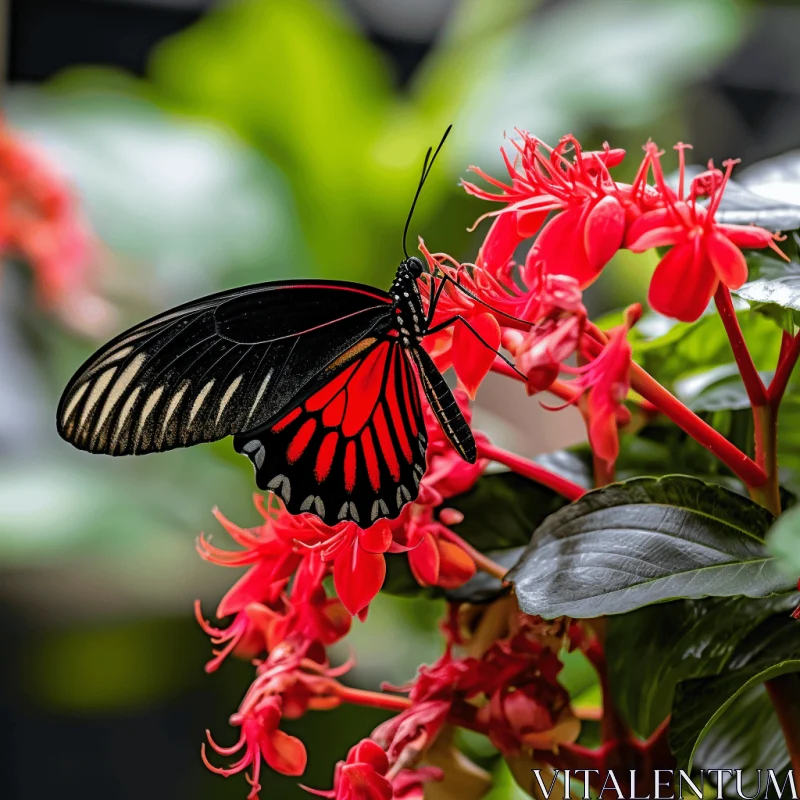 Enigmatic Tropics: Crimson and Black Butterfly in Greenhouse AI Image