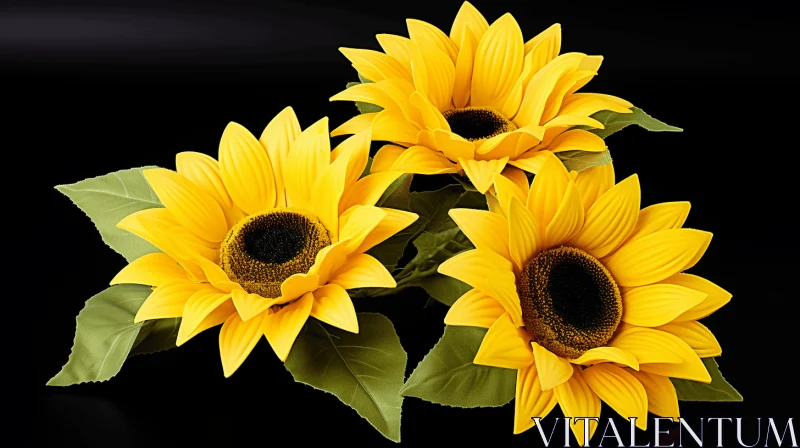 Luminous Sunflowers on Black Background - A 3D Photorealistic Art AI Image