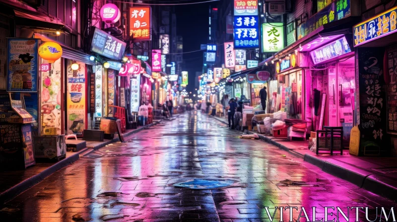 AI ART Night City Street with Neon Lights and Rain Reflections