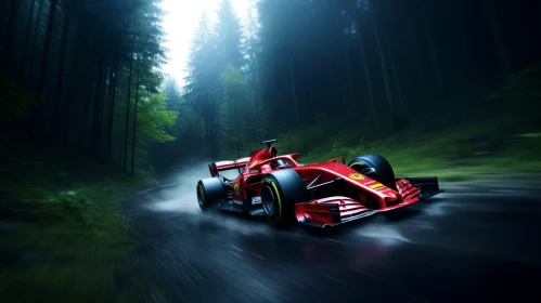 Red Formula 1 Race Car Speeding through Dark Forest