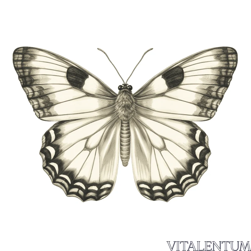 Detailed Mid-century Butterfly Sketch in Black and White AI Image