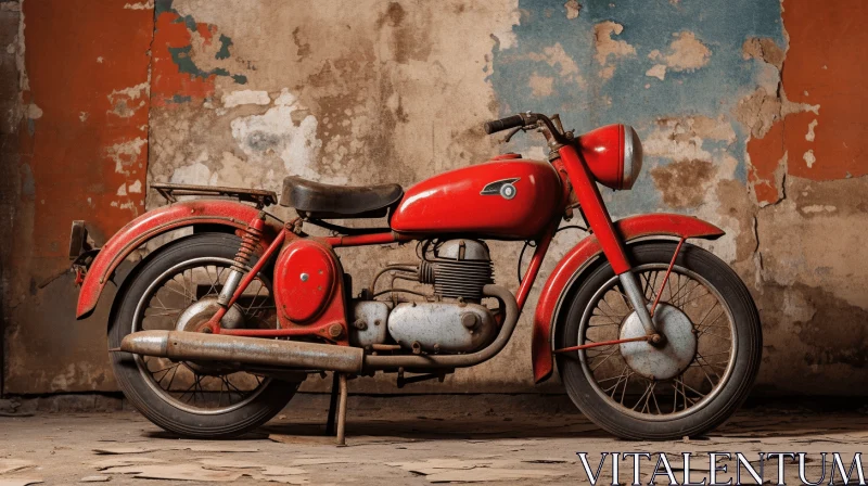Red Vintage Motorcycle Parked in Wall Area | Texture-Rich Composition AI Image