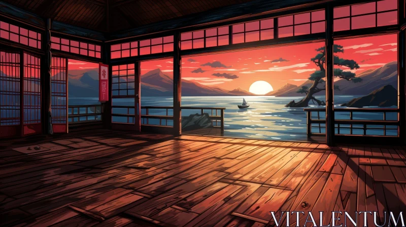 AI ART Tranquil Sunset Scene: Lake and Mountains View from Japanese House