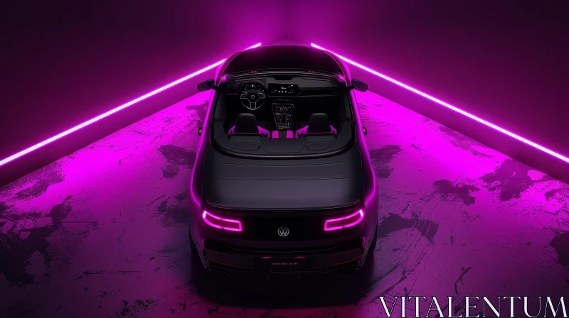 Black Convertible Car with Pink Lights on Dark Purple Background AI Image