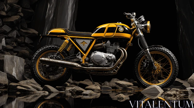 Golden Motorcycle on Rocks and Gravel - Hyper-Realistic Portraiture AI Image