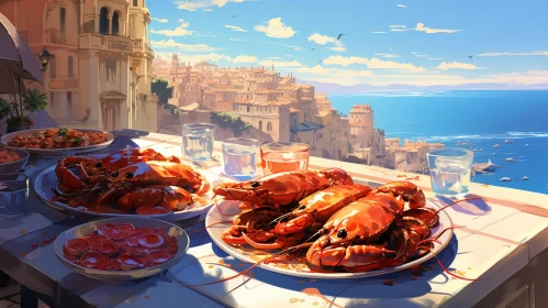 Table Setting Painting with Lobster and Shrimp Meal