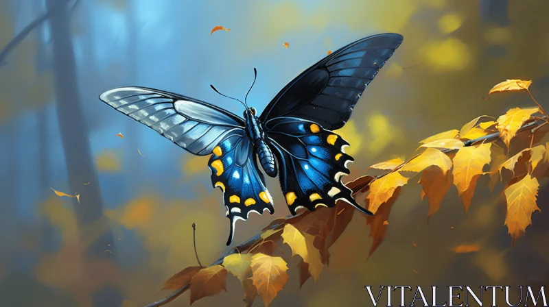 Blue Butterfly in Autumn Forest Illustration AI Image