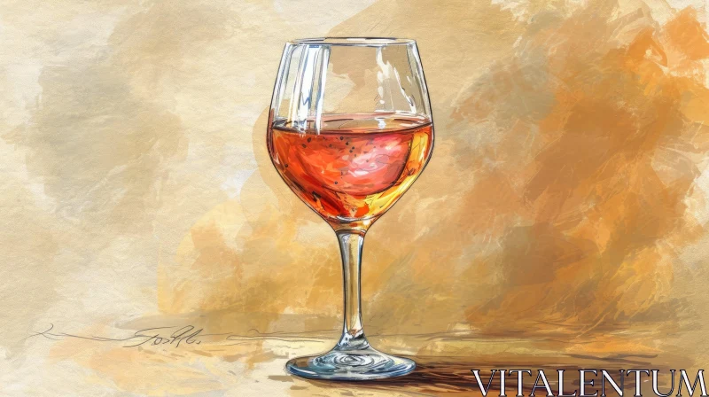 Realistic Watercolor Painting of Wine Glass on Wooden Table AI Image