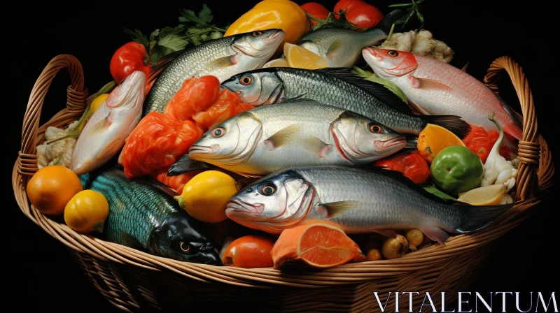 Vibrant Still Life of Fish, Fruits, and Vegetables in Wicker Basket AI Image