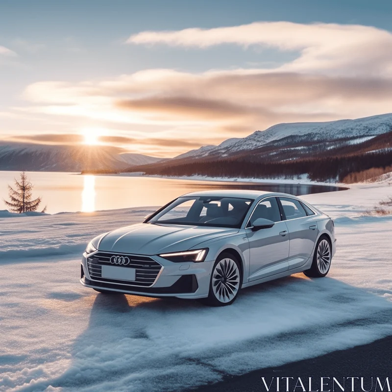 AI ART Serene Winter Scene: Audi Sedan on Snowy Road with Mountain Views
