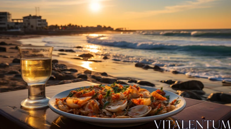 Delicious Seafood Pasta and Wine by the Beach AI Image