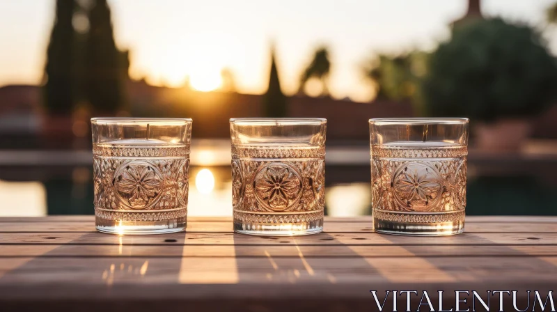 Empty Glasses on Wooden Table at Sunset AI Image