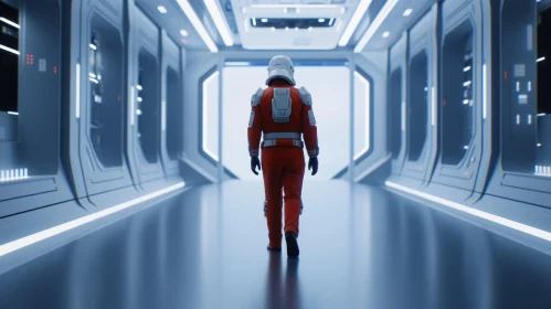 Lonely Astronaut in Futuristic Corridor