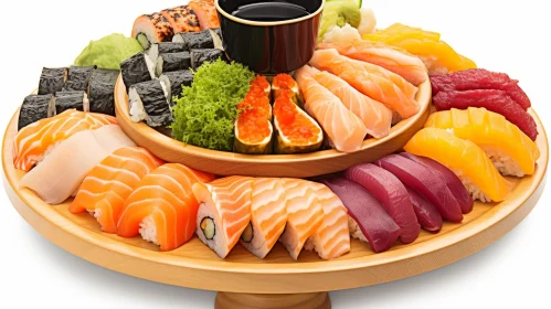 Delicious Sushi and Sashimi Variety on Wooden Plate