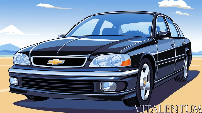 Detailed Illustration of a Blue Chevy Car in a Prairie Setting AI Image