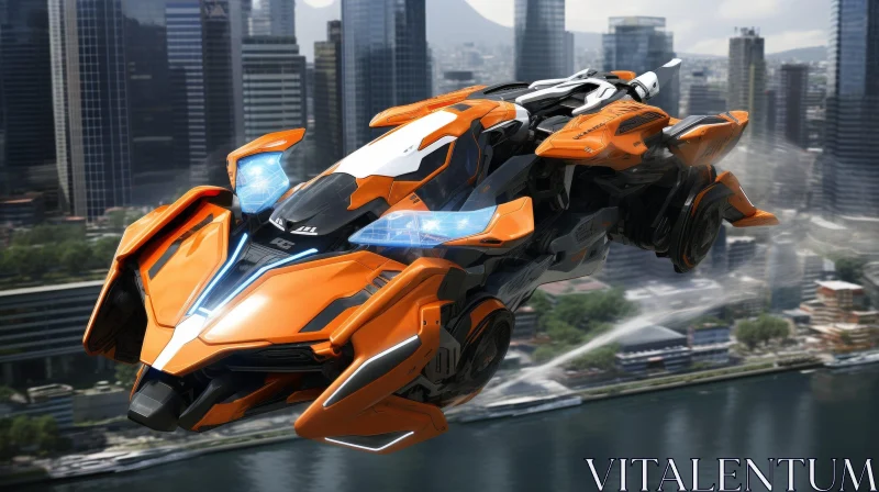 AI ART Futuristic Orange and White Flying Car Over City