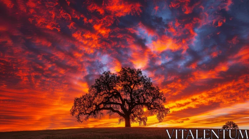 Majestic Tree in Field at Sunset AI Image