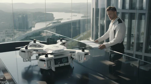 Modern Office Scene with Man and Futuristic Drone
