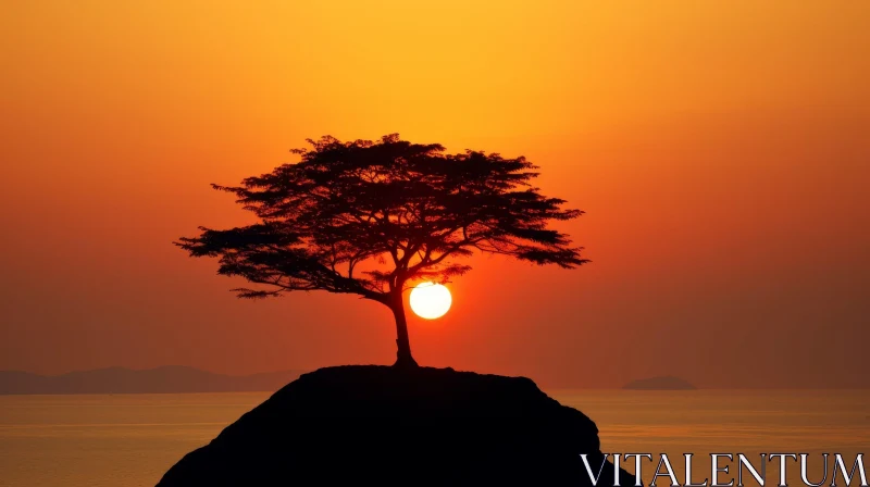Tranquil Sunset Over the Sea with Tree and Mountains AI Image