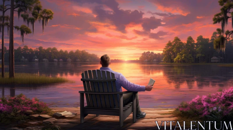 AI ART Tranquil Lake Sunset with Reading Man