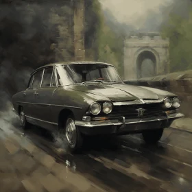 Captivating Digital Painting of an Old Car Driving in the Rain