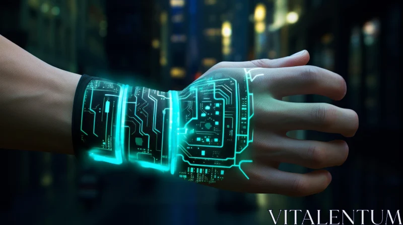 AI ART Futuristic Cyberpunk Hand with Green Circuit Board Pattern