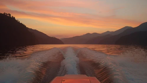 Captivating Sunset View Over Lake with Speeding Boat