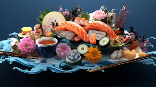 Delicious Sushi Platter on Blue Background