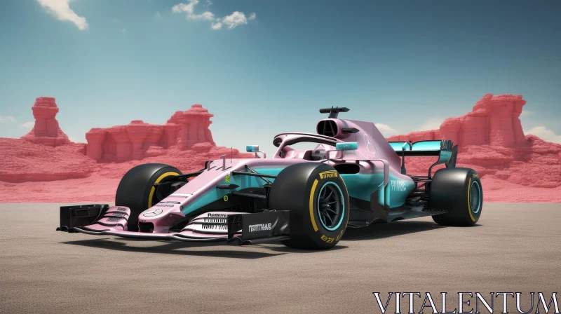 Pink and Blue Formula 1 Car on Desert Track AI Image