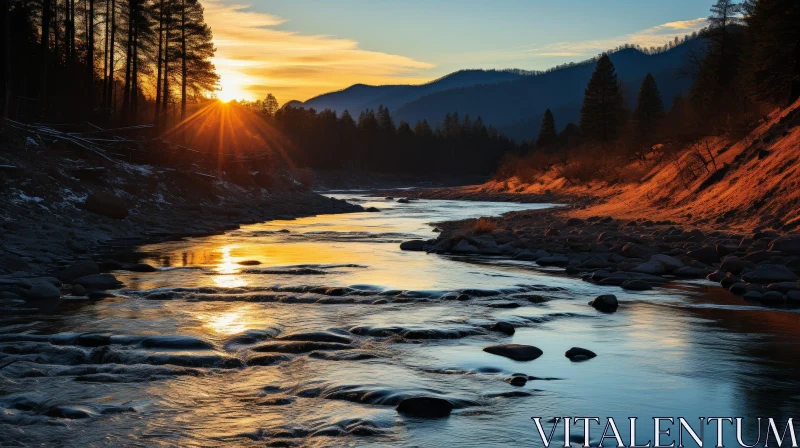 Serene Mountain River at Dawn - Panoramic View AI Image