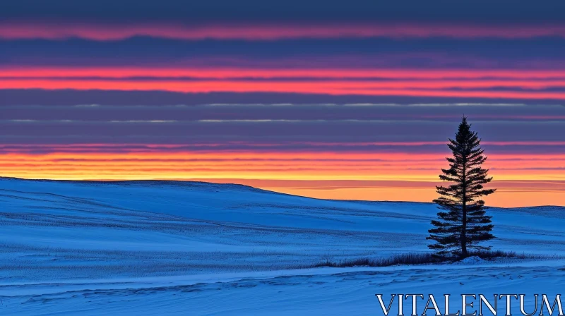 Winter Landscape: Colorful Sky and Snow-Covered Ground AI Image