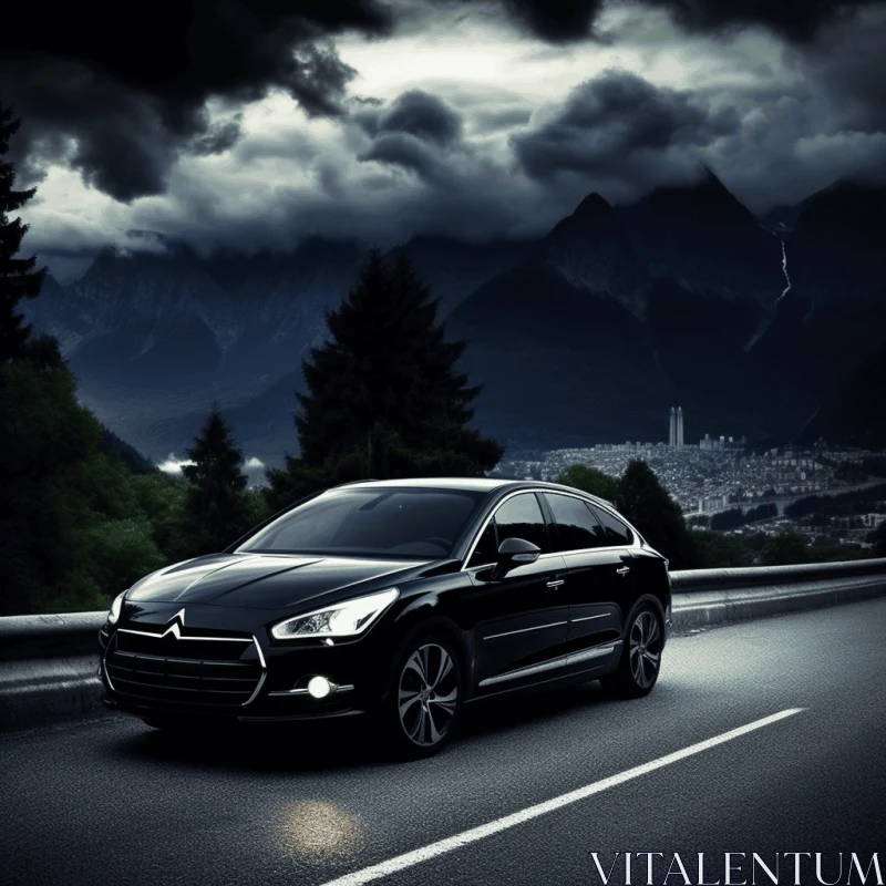 Black Car Driving in Dark Night with Mountains | Luxurious AI Image