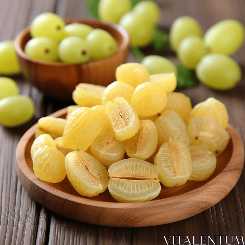 Captivating Arrangement of Yellow Grapes in a Wooden Bowl AI Image