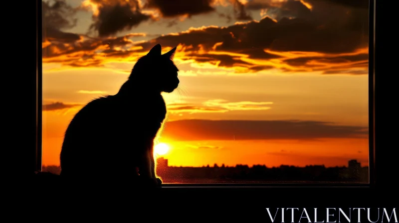 AI ART Silhouette of Cat on Windowsill Watching Sunset