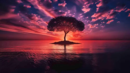 Tranquil Nature Scene: Solitary Tree on Island at Sunset