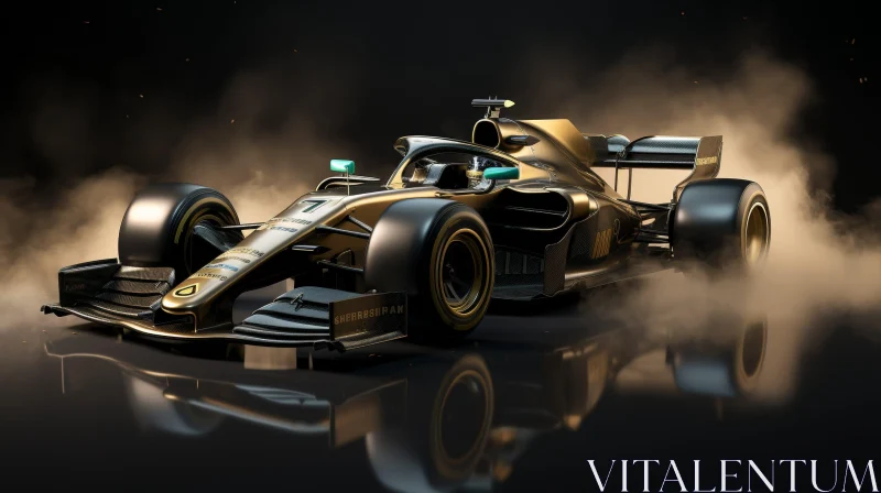 Formula 1 Racing Car in Black and Gold with Smoke AI Image
