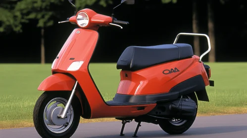 Red Moped Parked on Grassy Area | Light Orange and Light Amber
