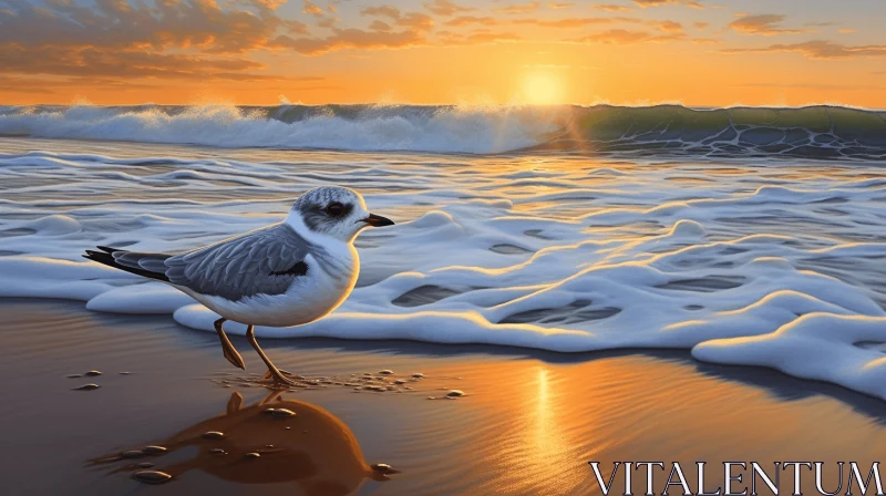 Seagull on Beach at Sunset - Nature's Majestic Illustration AI Image