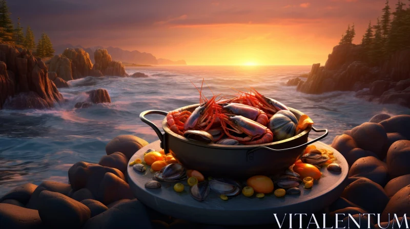 Tranquil Sunset Over Ocean with Seafood Pot AI Image