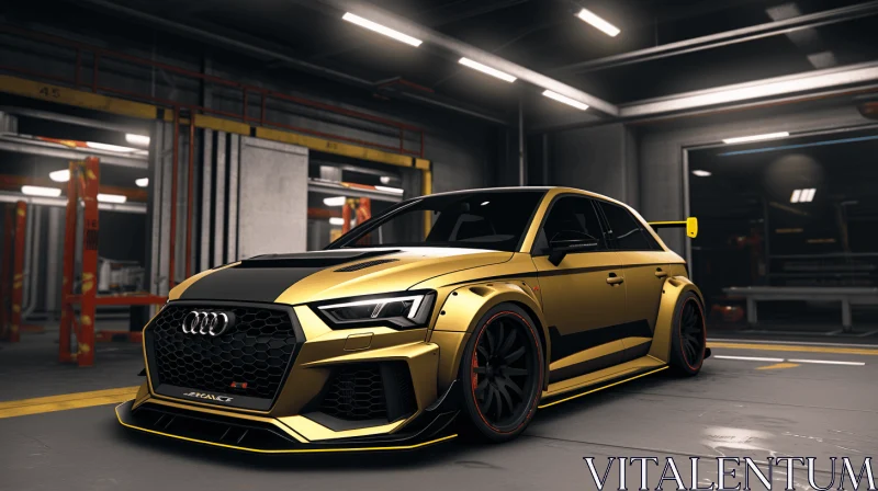 Captivating Gold Audi Car in Garage with Red Lights | Character Design AI Image