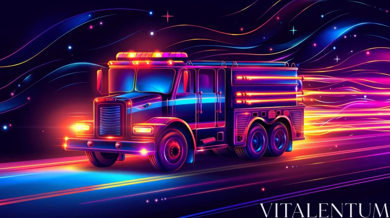 Colorful Fire Truck Night Drive Art AI Image