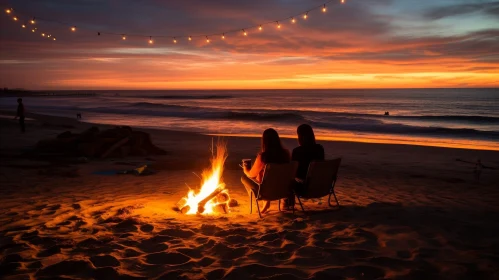Serene Sunset Over Ocean with Bonfire and Relaxing Atmosphere