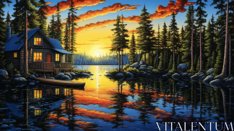 Tranquil Cabin by the Lake - Nature Painting AI Image
