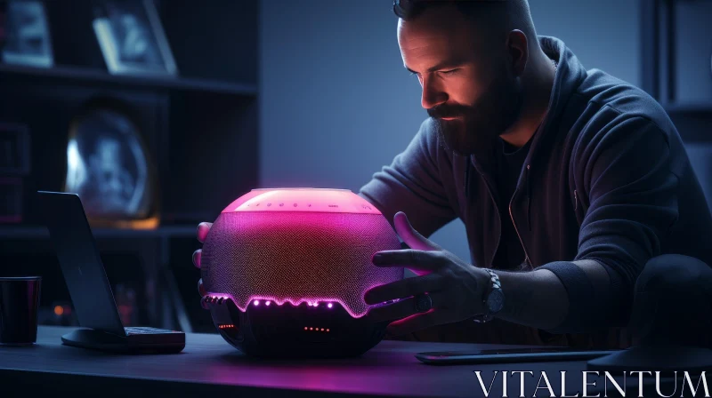 Bearded Man Holding Glowing Orb at Desk AI Image