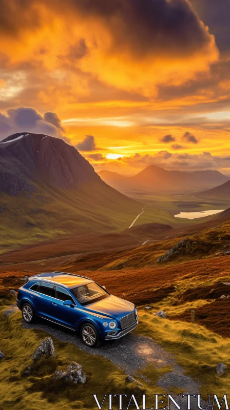 Blue Bentley in Majestic Scottish Landscape | Sunset Serenity AI Image