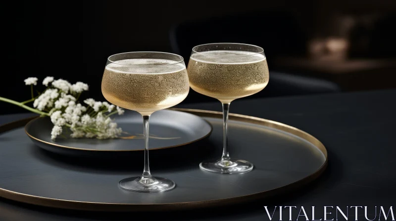Luxurious Champagne Glasses with White Flowers on Black Tray AI Image