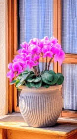 Pink Flower Pot on Window Sill in Vibrant Violet Hue