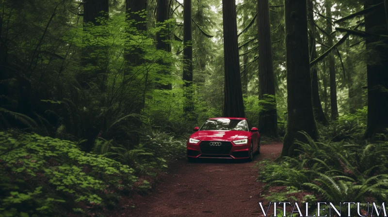 Red Car in Forest: A Captivating Naturalistic Portraiture AI Image
