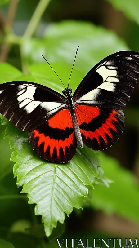 Exotic Red and Black Butterfly Resting on Leaf AI Image